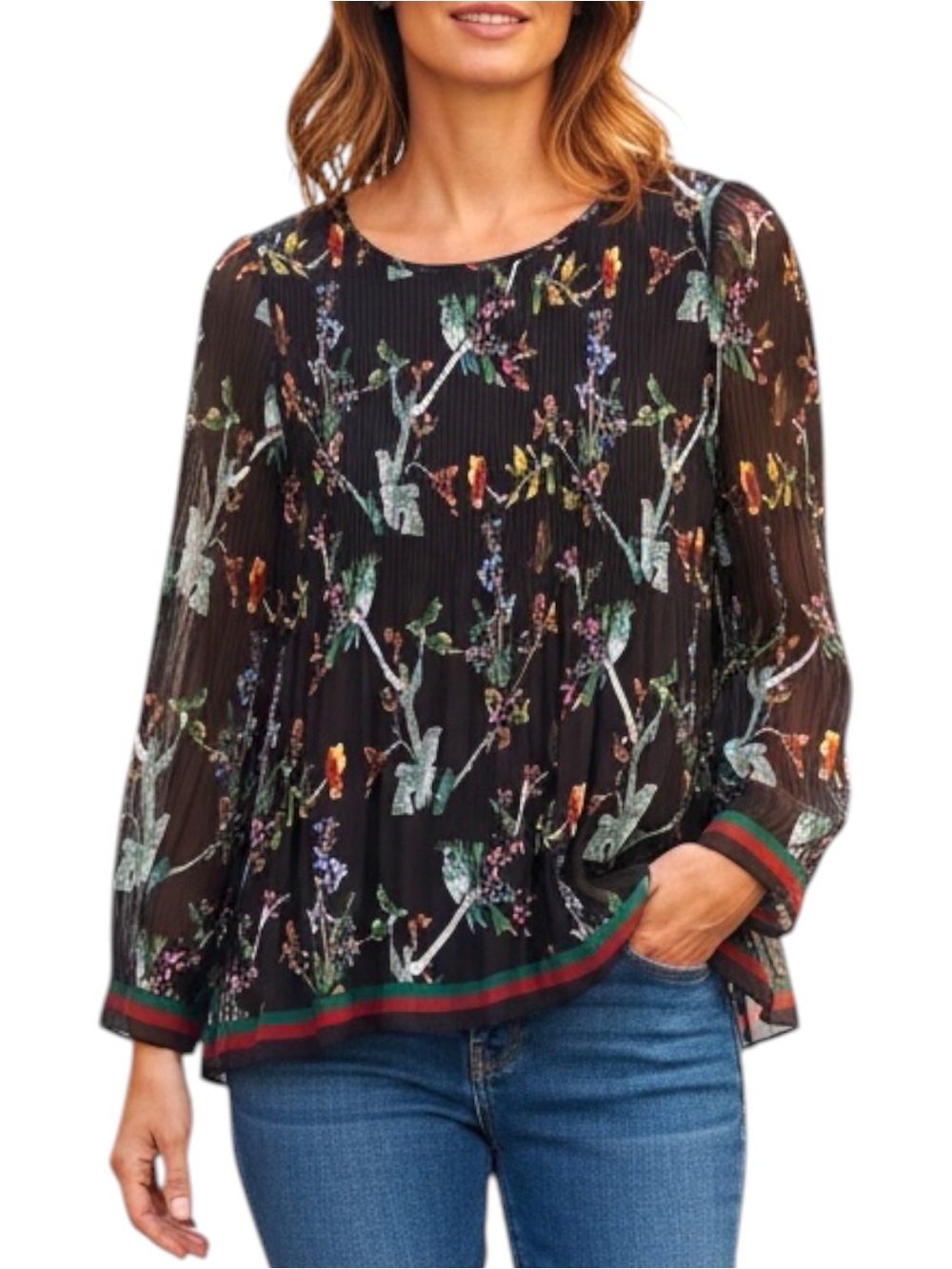 Max Studio Sz SMALL Pleated Chiffon Floral Babydoll Flowy Sleeve Blouse Top